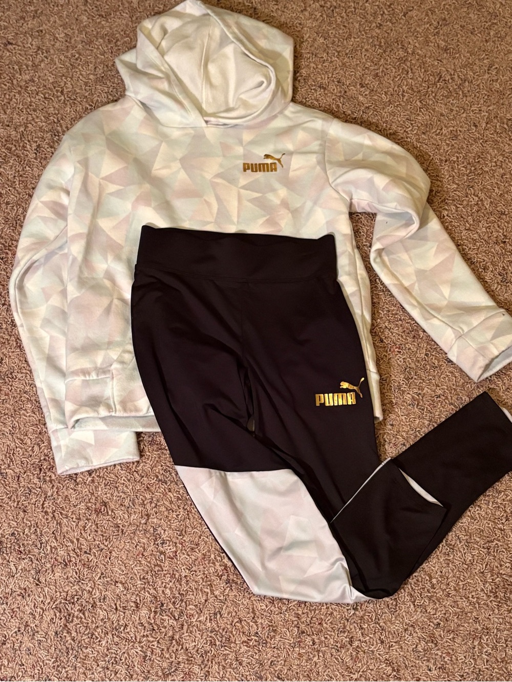 Puma White Geometric Hoodie with Black & Gold Leggings